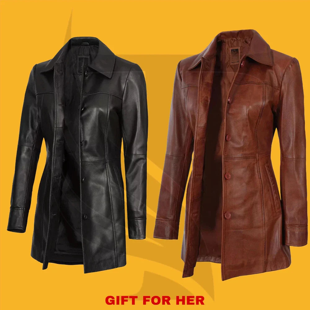 LONG COWHIDE LEATHER COAT –STYLISH & DURABLE FASHION WEAR – PERFECT GIFT FOR HER