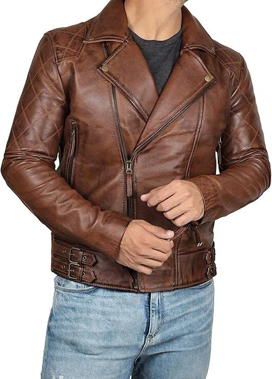 Men's Vintage Cafe Racer Distressed Motorcycle Black/Brown Real Leather Jacket