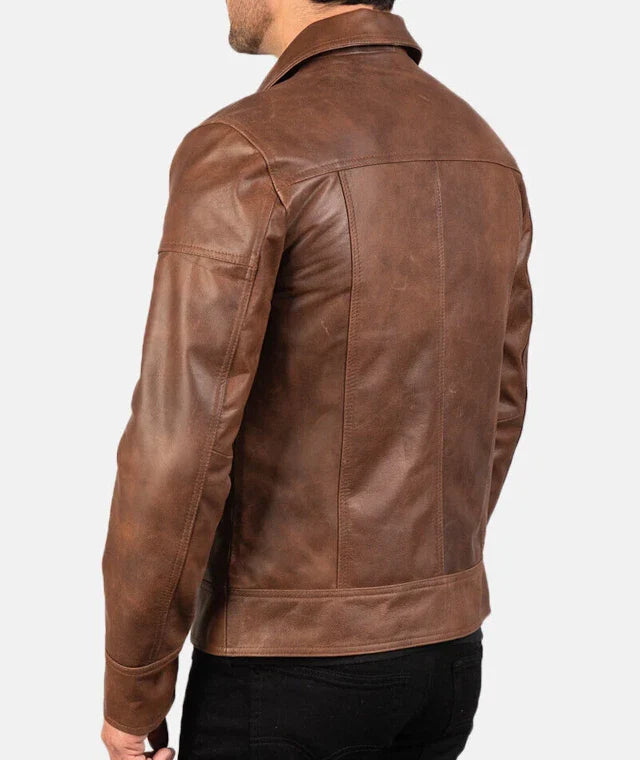 HANDMADE MEN'S GENUINE COWHIDE SLIM FIT LEATHER JACKET - CLASSIC BROWN ANTIQUE