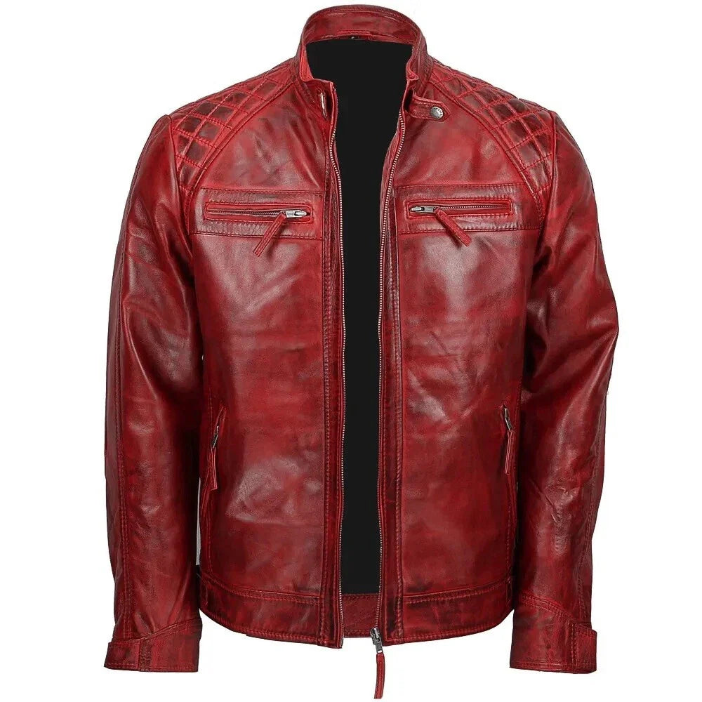 Men's Vintage Style Burgundy Red Leather Jacket | Men's Diamond Quilted Jacket