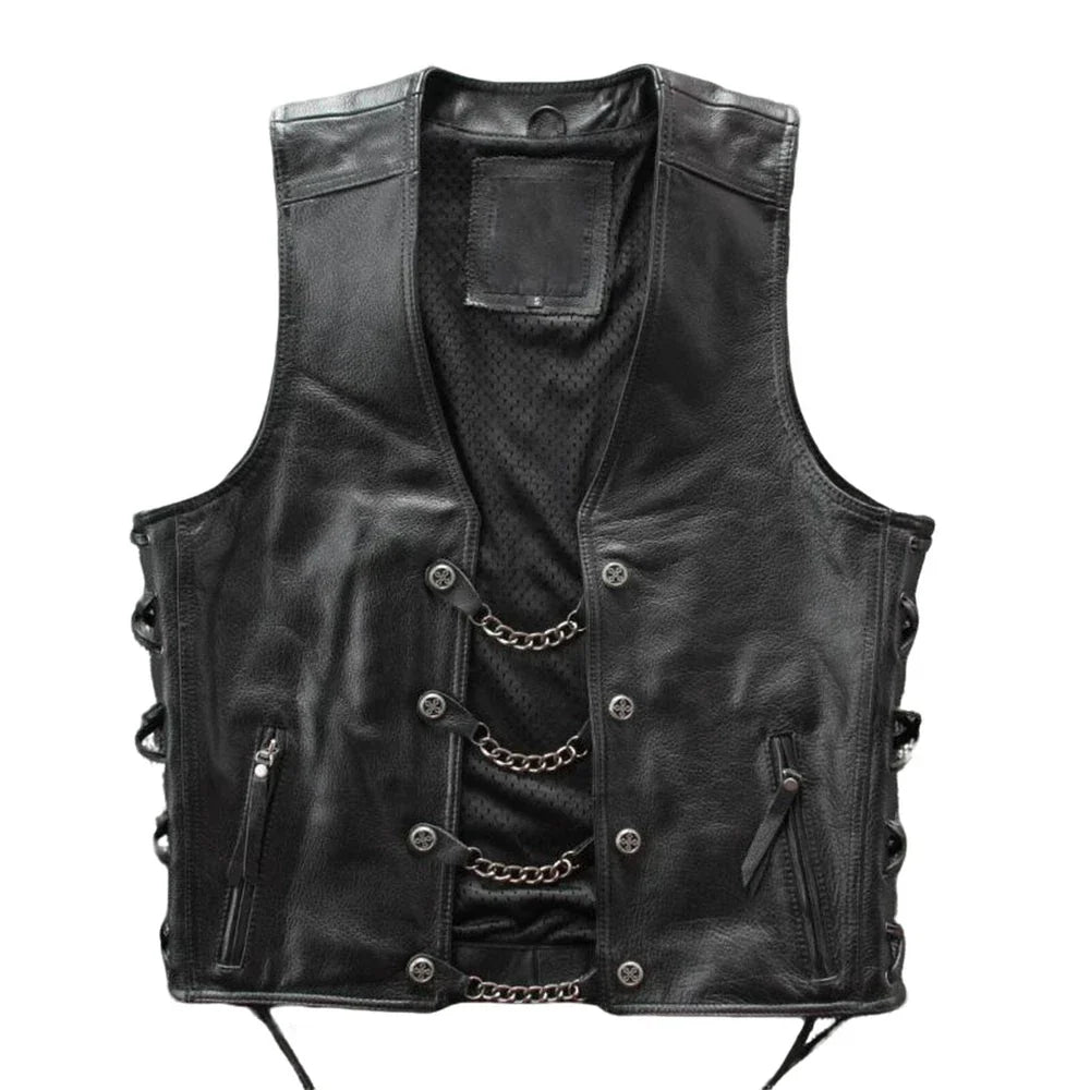 100% Genuine Men's Real Leather Bikers Vest With Chains | Bikers Leather Vest