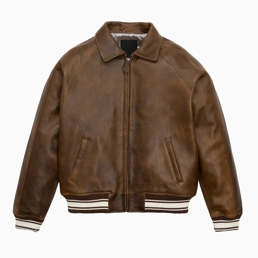 Men's Real Leather Bomber Jacket American Flight Bomber Leather Jacket