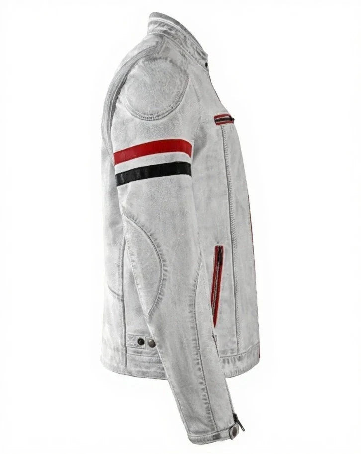 Mens Cafe Racer Vintage White Biker Red Black Stripes Real Leather Jacket 5033