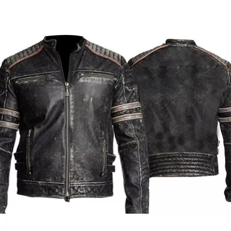 Retro 1, Men's Vintage Motorcycle Cafe Racer Biker Black Real Leather Jacket