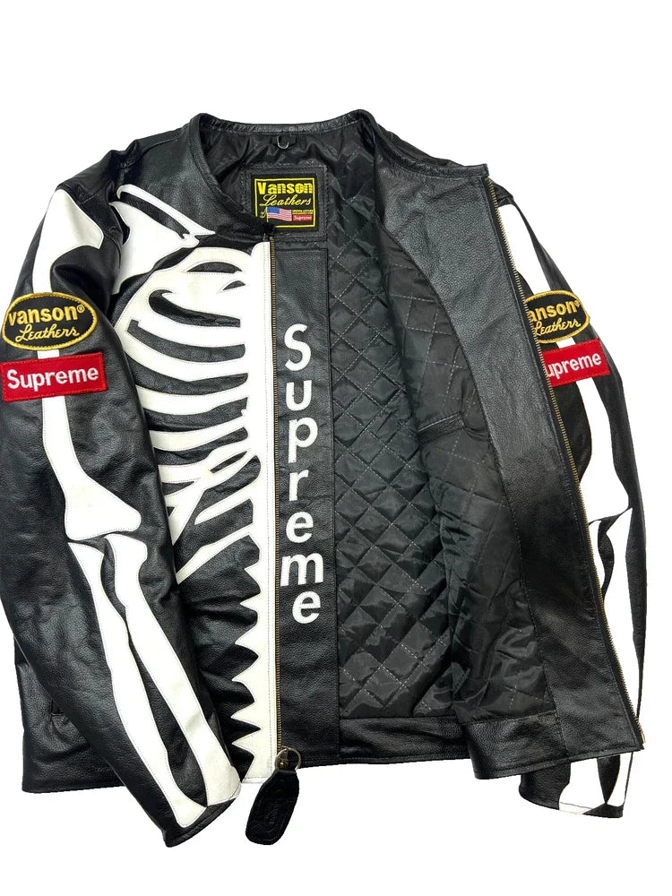 Skeleton Leather Jacket Men Handmade Real Cowhide Biker Gothic Punk Rock Style