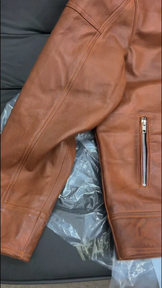 HANDMADE MEN'S GENUINE COWHIDE SLIM FIT LEATHER JACKET - CLASSIC BROWN ANTIQUE