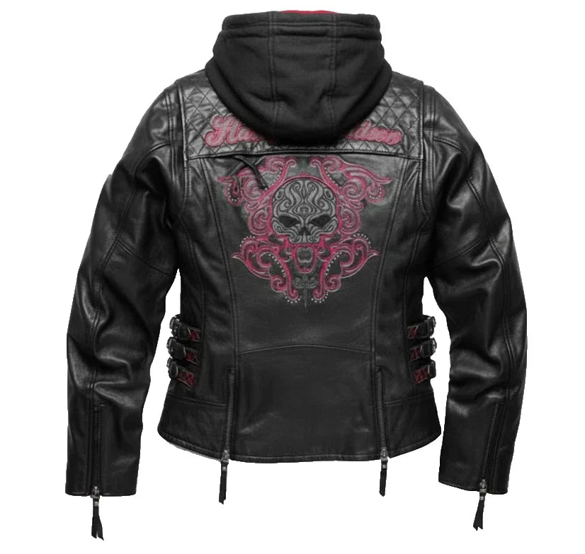 WoMen's Genuine Cowhide Leather Biker Hoodie | Handmade Skull Embroidery Coat