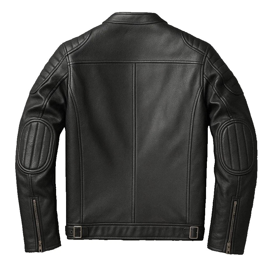 Men's Black Genuine Leather Biker Jacket – Quilted Shoulder & Elbow – Moto Style