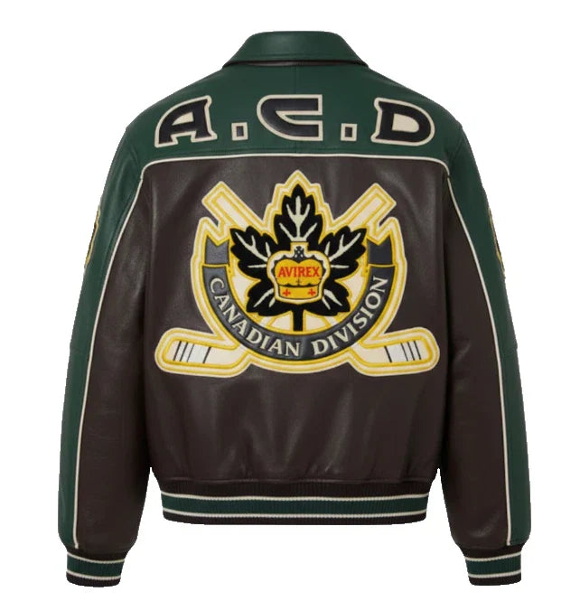 Premium Moto-Leather Jacket – Hockey Division - Green & Brown - Retro Streetwear