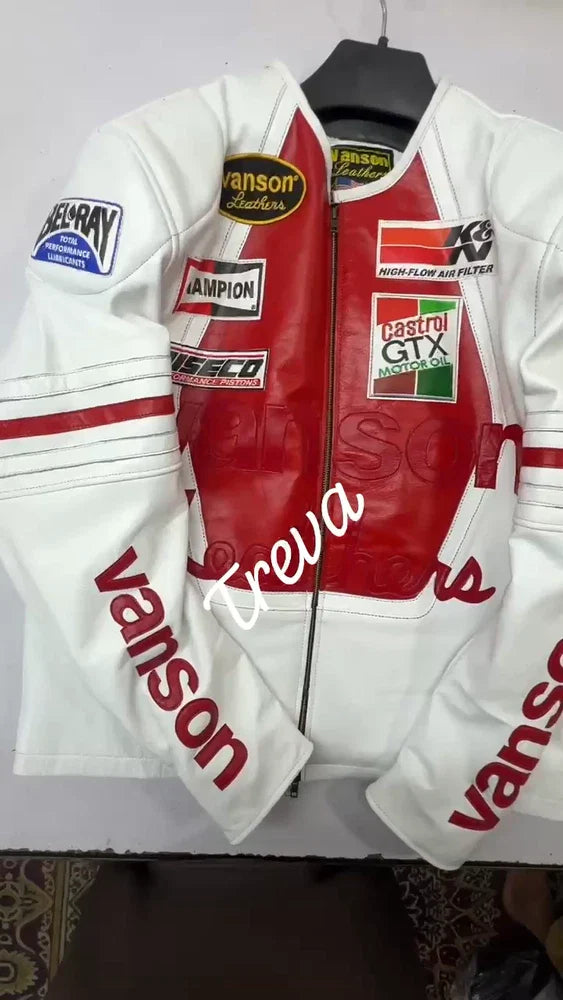 Handmade Vintage Racing Motorcycle Jacket – Red Star | White/Red Cowhide Leather