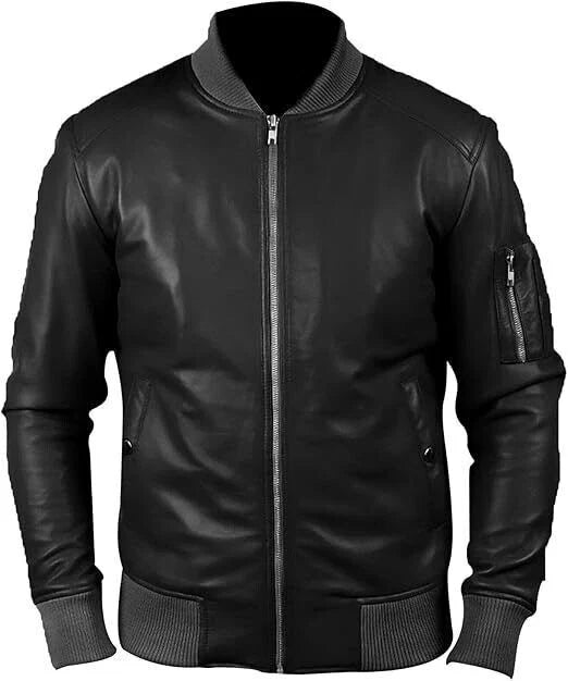 Men's Soft Leather Vintage Bomber Jacket Biker Style Black Fashion Jacket