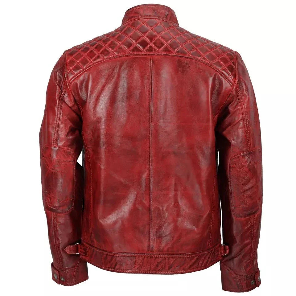 Men's Vintage Style Burgundy Red Leather Jacket | Men's Diamond Quilted Jacket