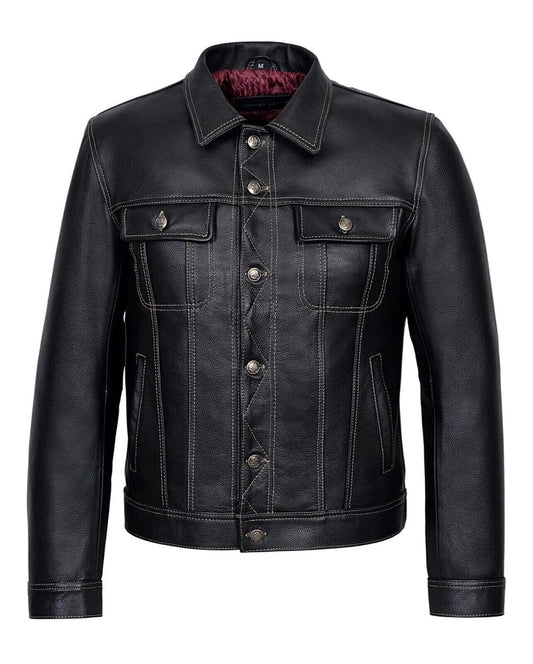 MEN'S TRUCKER LEATHER JACKET - BLACK CLASSIC SHIRT STYLE WESTERN COWHIDE LEATHER