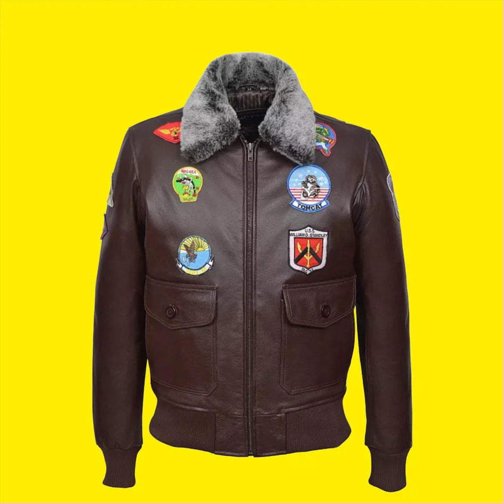 Men's G1 Bomber Leather Aviator Pilot Cowhide Brown Soft Leather Jacket -TOP GUN