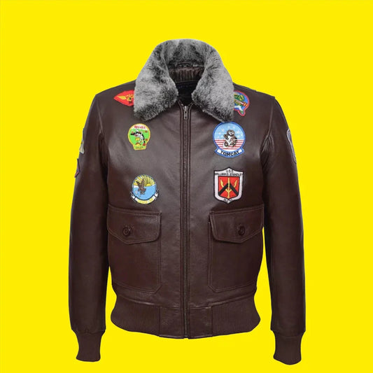 Men's G1 Bomber Leather Aviator Pilot Cowhide Brown Soft Leather Jacket -TOP GUN