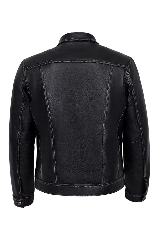 MEN'S TRUCKER LEATHER JACKET - BLACK CLASSIC SHIRT STYLE WESTERN COWHIDE LEATHER