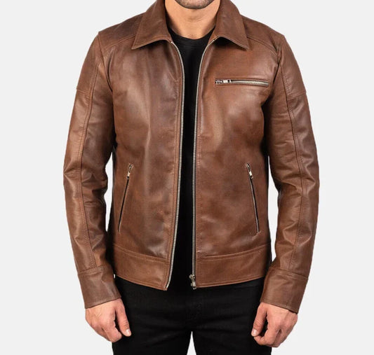 HANDMADE MEN'S GENUINE COWHIDE SLIM FIT LEATHER JACKET - CLASSIC BROWN ANTIQUE