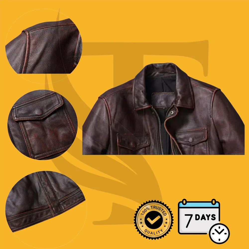 Mens Biker Leather Jacket Genuine Leather Zipped Motorcycle Style Leather Coat