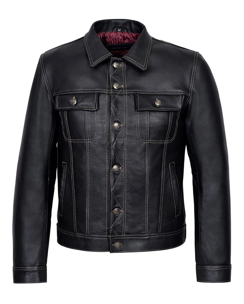 MEN'S TRUCKER LEATHER JACKET - BLACK CLASSIC SHIRT STYLE WESTERN COWHIDE LEATHER