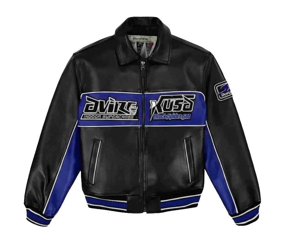 Men's Racing Style Leather Jacket | Handmade Biker Moto Bomber Coat Black Blue