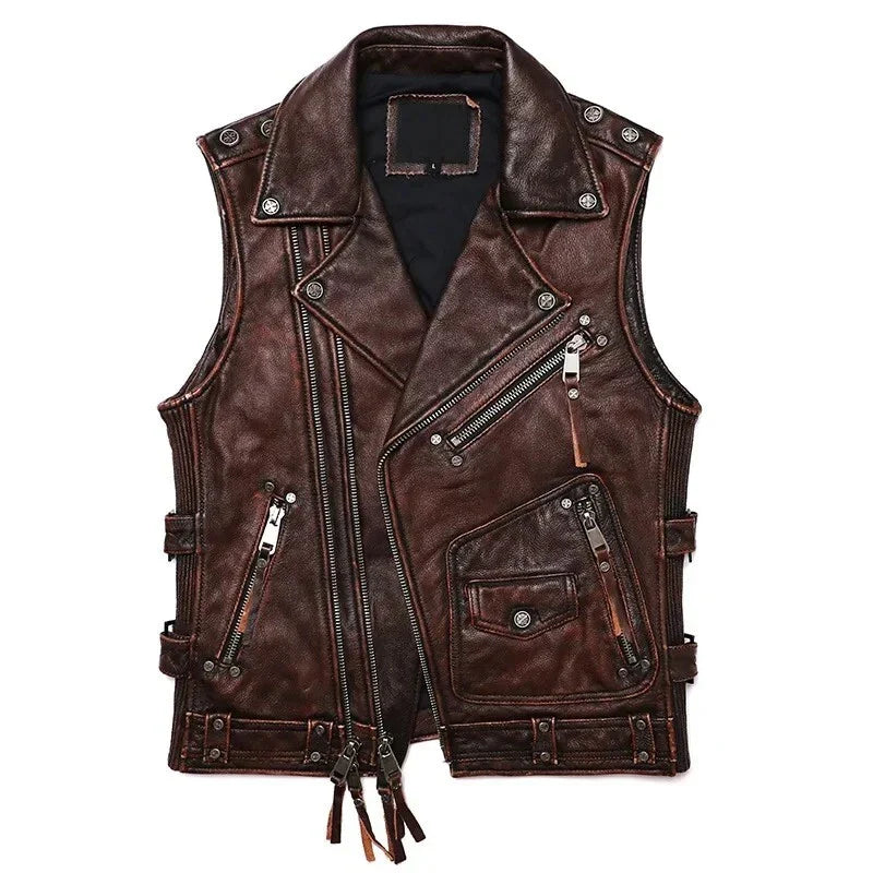 Black/Brown Genuine Biker Leather Vest | Mens 100% Genuine Leather Biker Vest