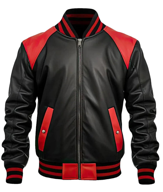 Men's Red and Black Leather Cowhide Jacket – Classic Sportswear – Real Leather
