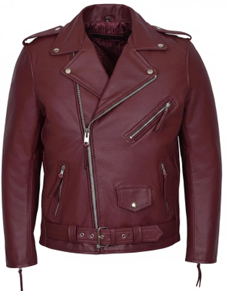 Men's Real Leather Jacket Cherry Red Biker Style COWHIDE LEATHER