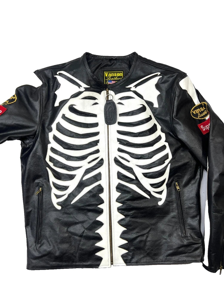 Skeleton Leather Jacket Men Handmade Real Cowhide Biker Gothic Punk Rock Style