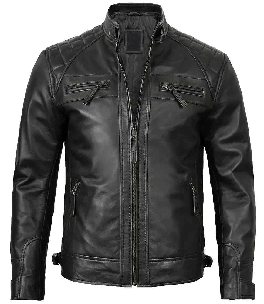Genuine Real Black Leather Mens Biker Quilted Jacket Motorbike Slim Fit Coat New
