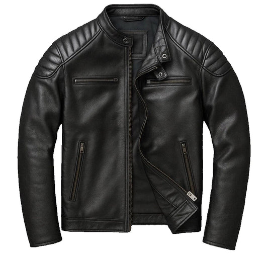 Men's Black Genuine Leather Biker Jacket – Quilted Shoulder & Elbow – Moto Style