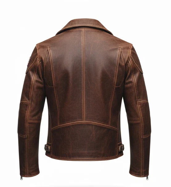 Men's Genuine Cowhide Leather Jacket - Handmade Brown Distressed Jacket - SOLID