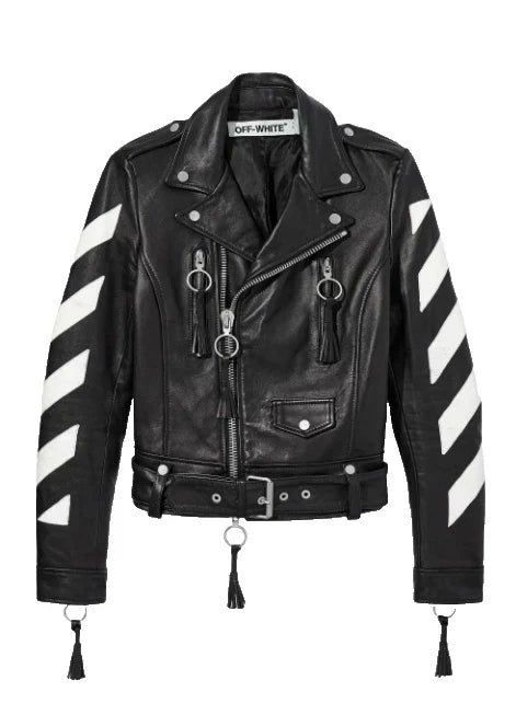 Off-White Style Leather Biker Jacket Black White Striped Moto Punk Rock
