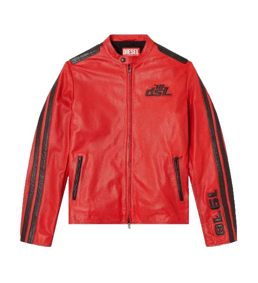 Red Perforated Leather Racing Jacket Men 1978 Moto Biker Cafe Racer Streetwear X