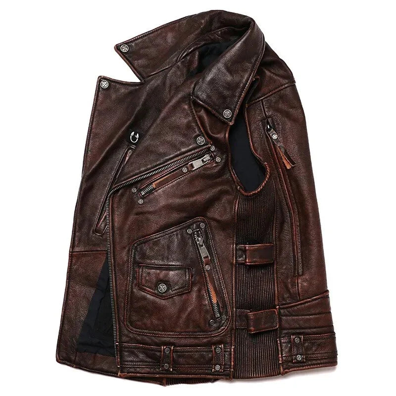 Black/Brown Genuine Biker Leather Vest | Mens 100% Genuine Leather Biker Vest
