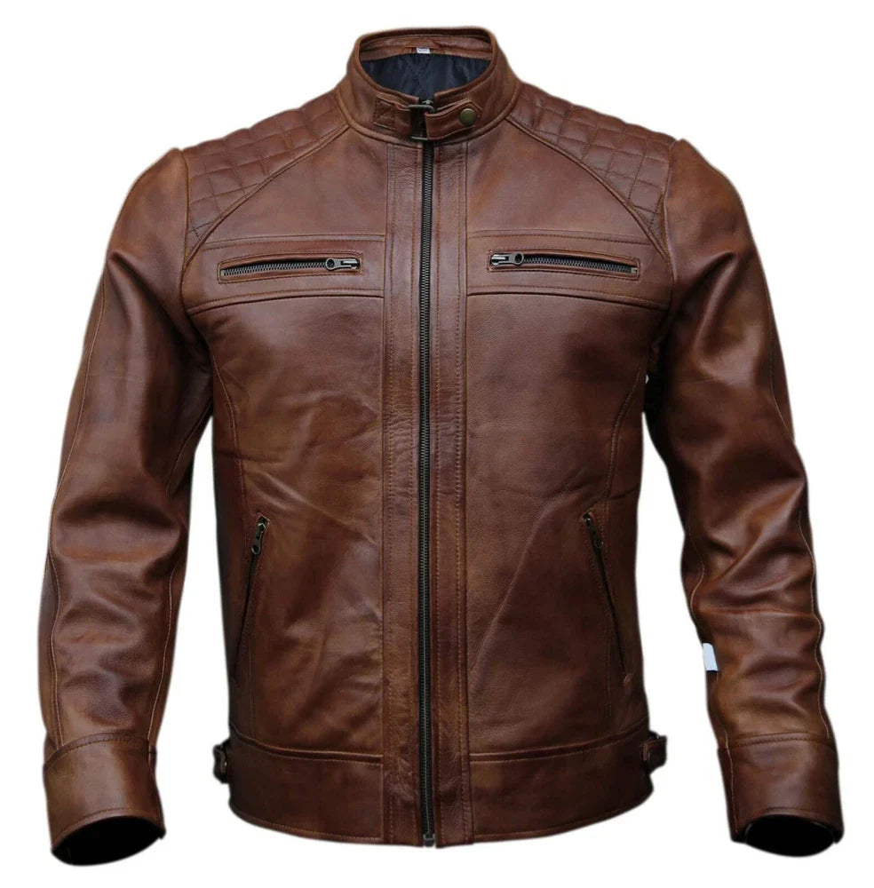 Café Racer Men Leather Jacket Black Brown Biker Genuine Sheep skin Leather