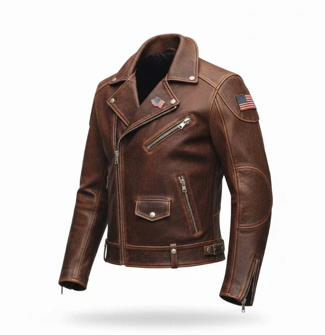 Men's Genuine Cowhide Leather Jacket - Handmade Brown Distressed Jacket - SOLID