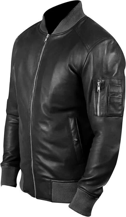 Men's Soft Leather Vintage Bomber Jacket Biker Style Black Fashion Jacket