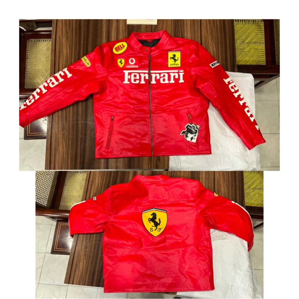 Handmade Red Cowhide Leather Jacket Biker Motorcycle Racing Car Show Wear