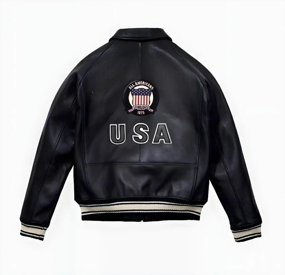 Men's Black Real Cowhide Leather Bomber Jacket - American Flight Leather Jacket