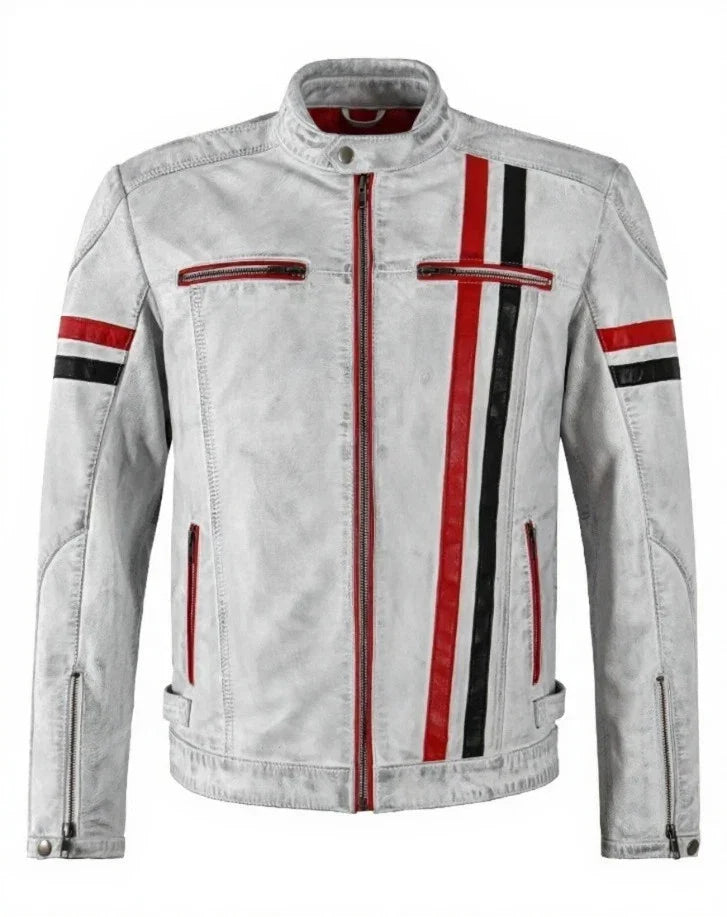 Mens Cafe Racer Vintage White Biker Red Black Stripes Real Leather Jacket 5033