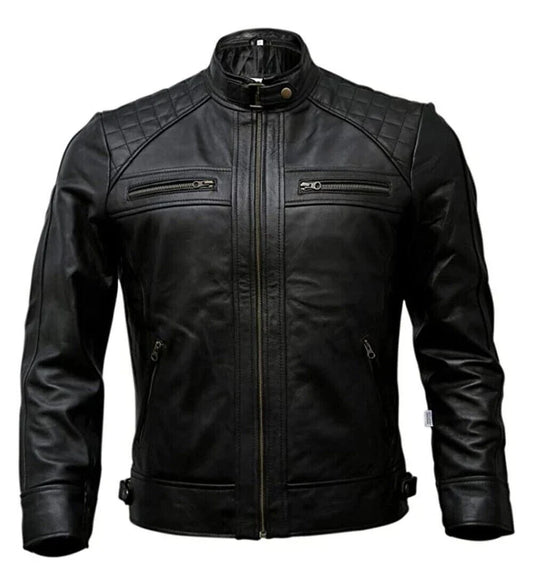 Café Racer Men Leather Jacket Black Brown Biker Genuine Sheep skin Leather