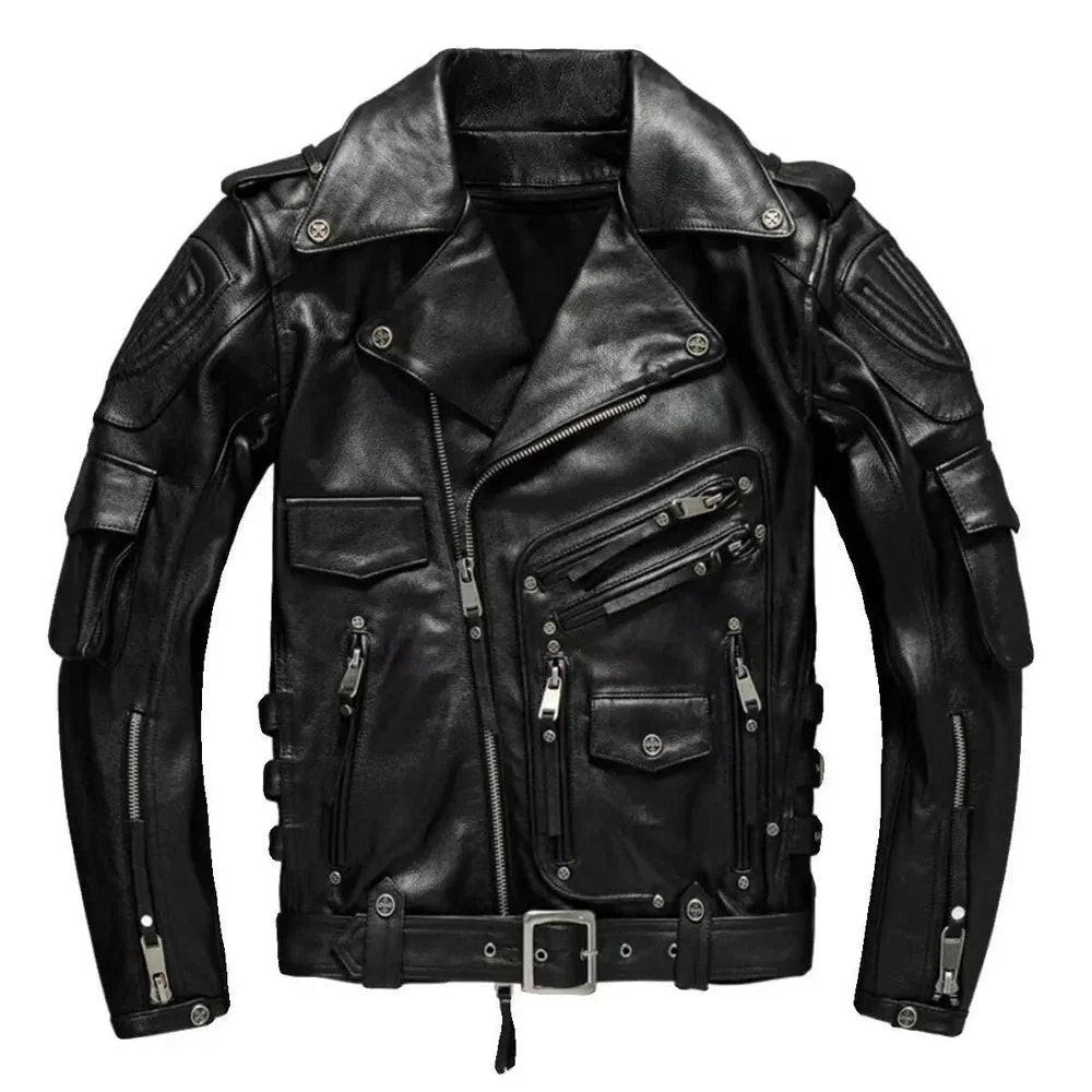 MEN'S GENUINE COWHIDE PREMIUM LEATHER MOTORCYCLE BIKER TOP LEATHER JACKET BROWN