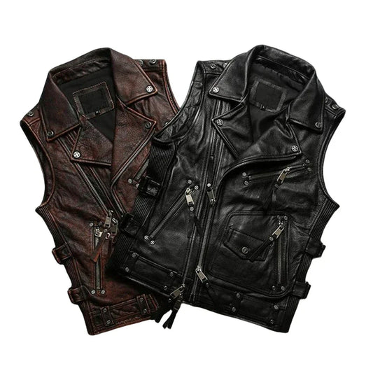 Black/Brown Genuine Biker Leather Vest | Mens 100% Genuine Leather Biker Vest