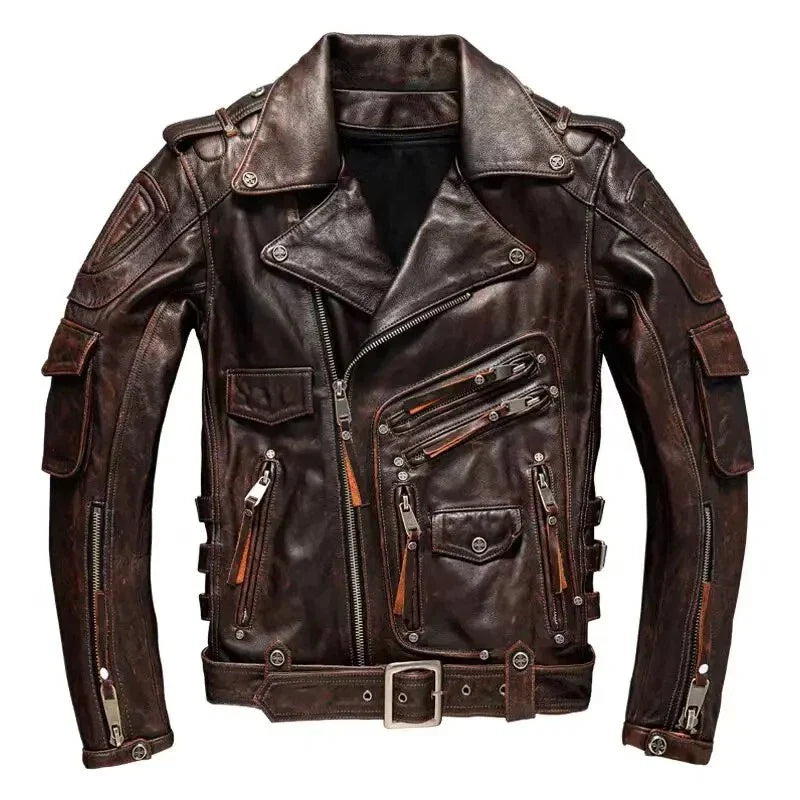 MEN'S GENUINE COWHIDE PREMIUM LEATHER MOTORCYCLE BIKER TOP LEATHER JACKET BROWN