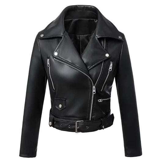 WoMen's Moto Biker Black PU Faux Leather Jacket | Spring Autumn Streetwear
