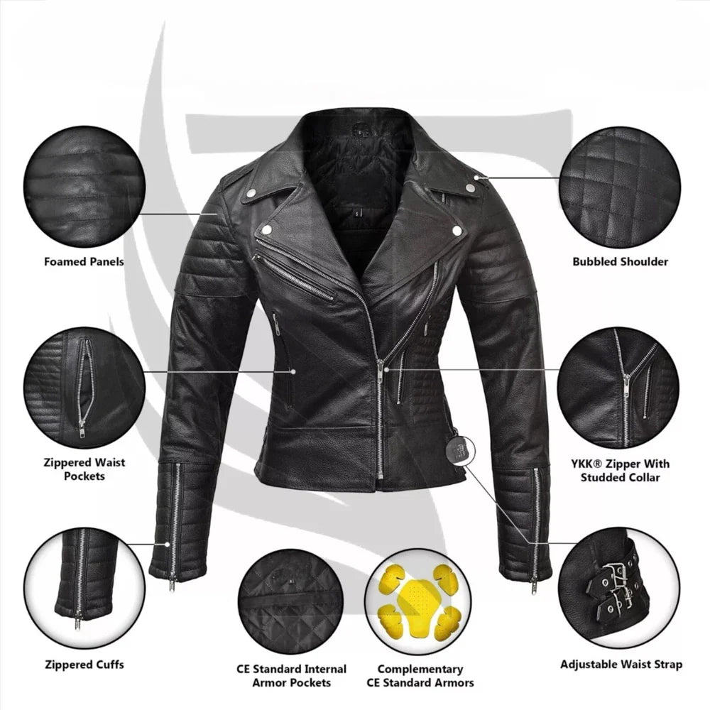 TREVA'S Women's Leather Motorcycle Jacket - Infinity Bikers Riding Jacket