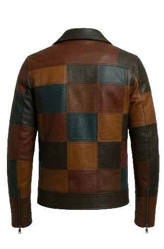 Men's Multi-Color Patchwork Leather Biker Jacket - Block Pattern Motorbike Coat
