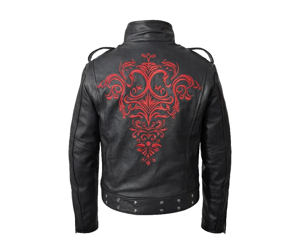 Premium Black Leather Jacket with Red Embroidery – Gothic Military Biker Jacket