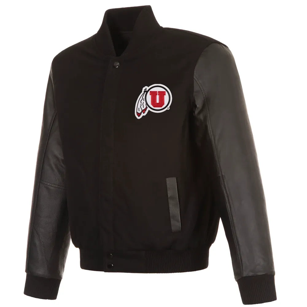 Utah Utes One Color Black Wool & Leather Varsity Jacket