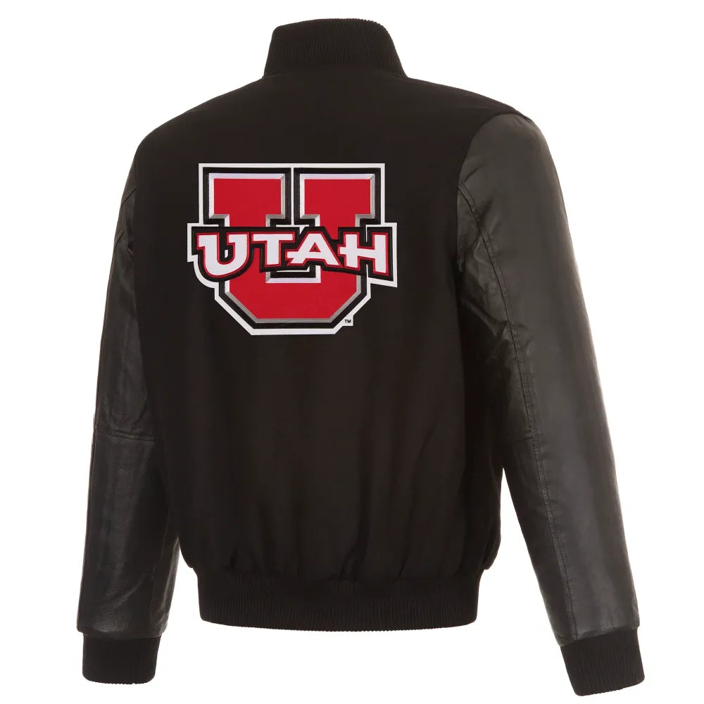 Utah Utes One Color Black Wool & Leather Varsity Jacket